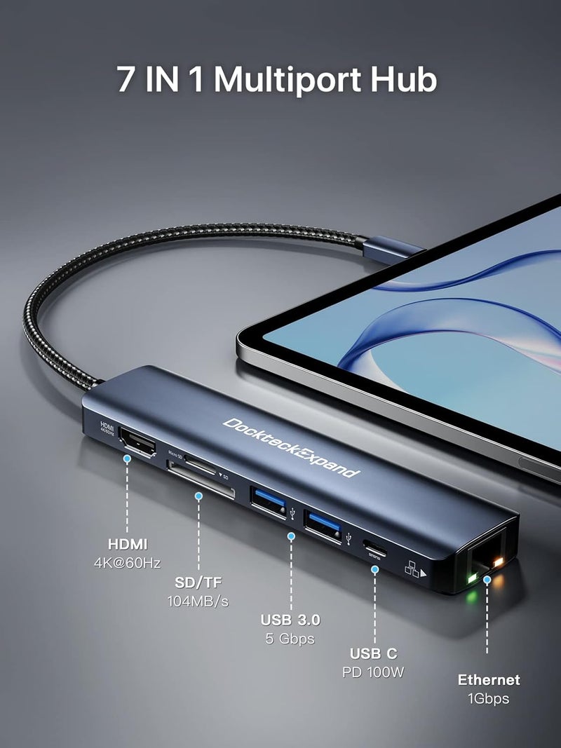 DockteckExpand USB C Hub Ethernet, 7-in-1 Multiport Adapter Type C to 4K@60Hz HDMI, Gigabit Ethernet, 100W PD Charging, 2 USB 3.0, SD/TF Card Readers, for MacBook Pro/Air, iPad Pro/Air, XPS and More - Image 2